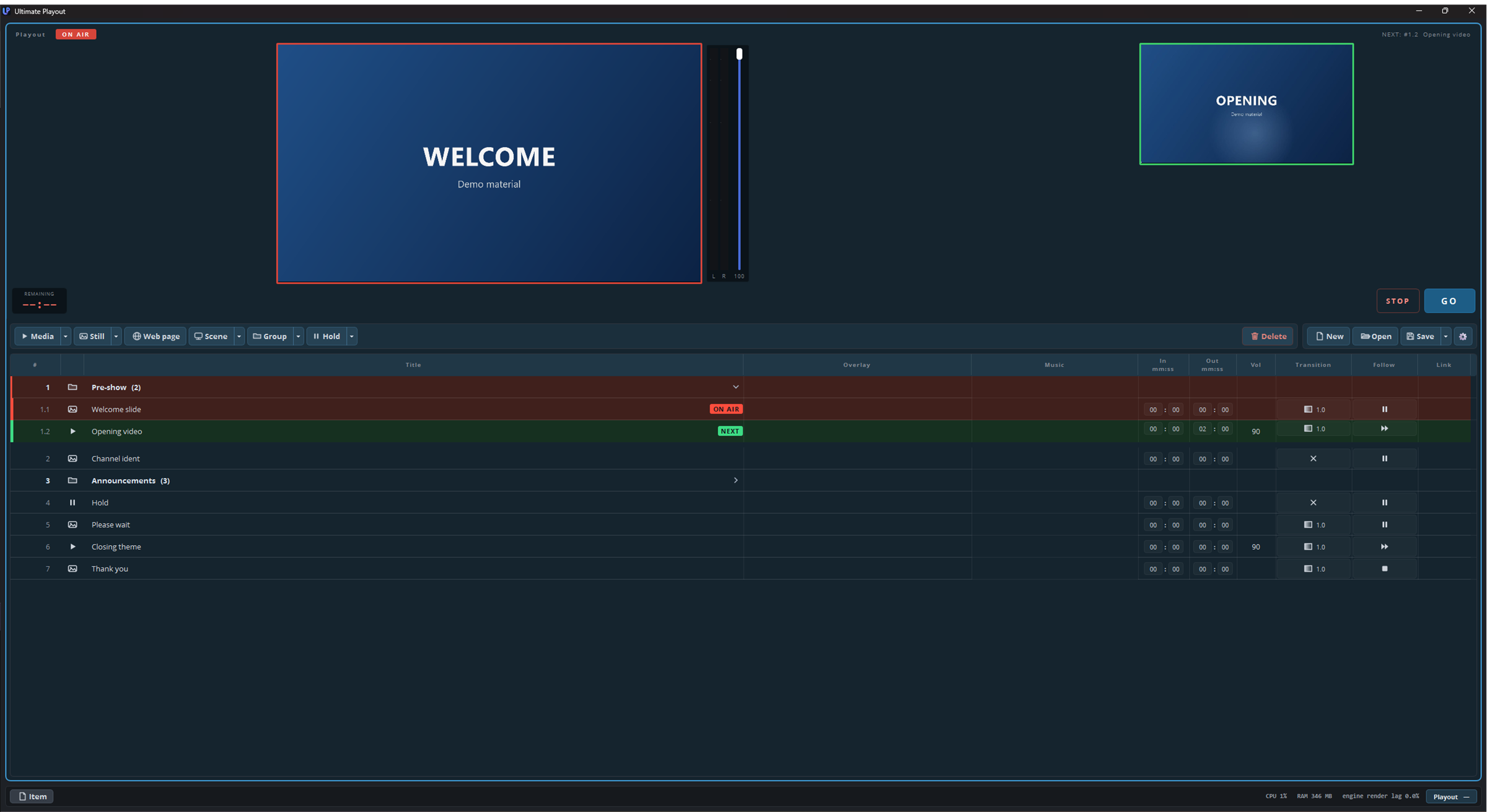 Ultimate Playout during a show: the rundown below, what is on air above