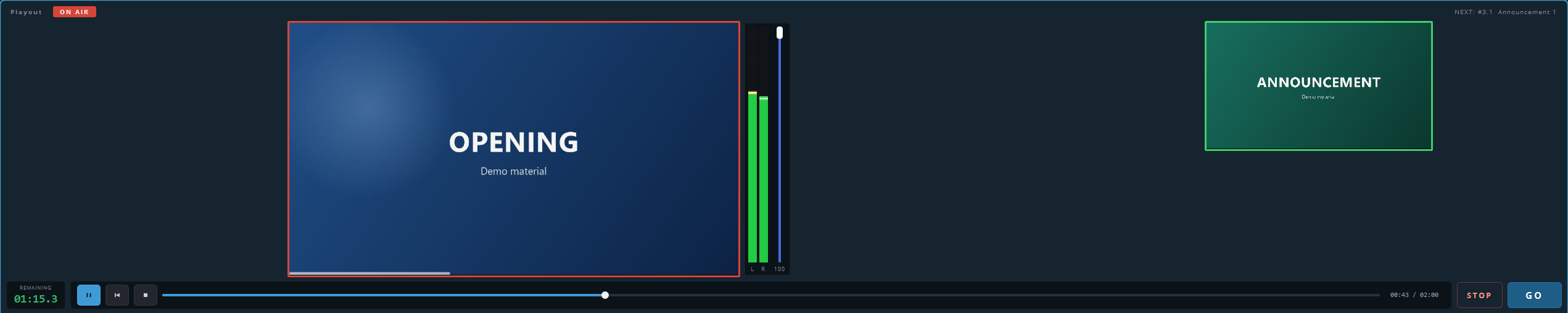 One playout: its name, its picture, its meters, its own STOP and GO