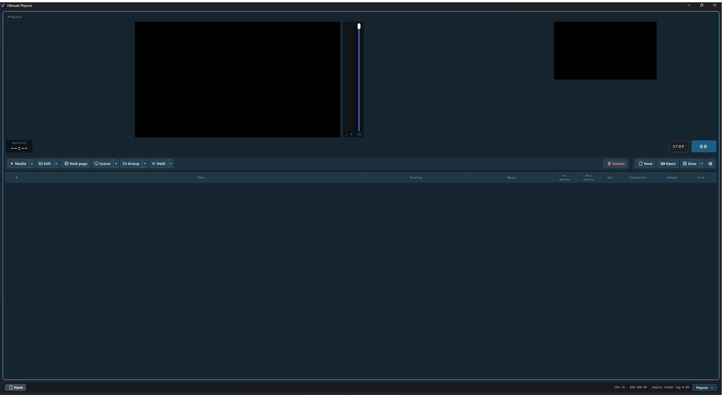 A first start: an empty list, a black preview, nothing on air