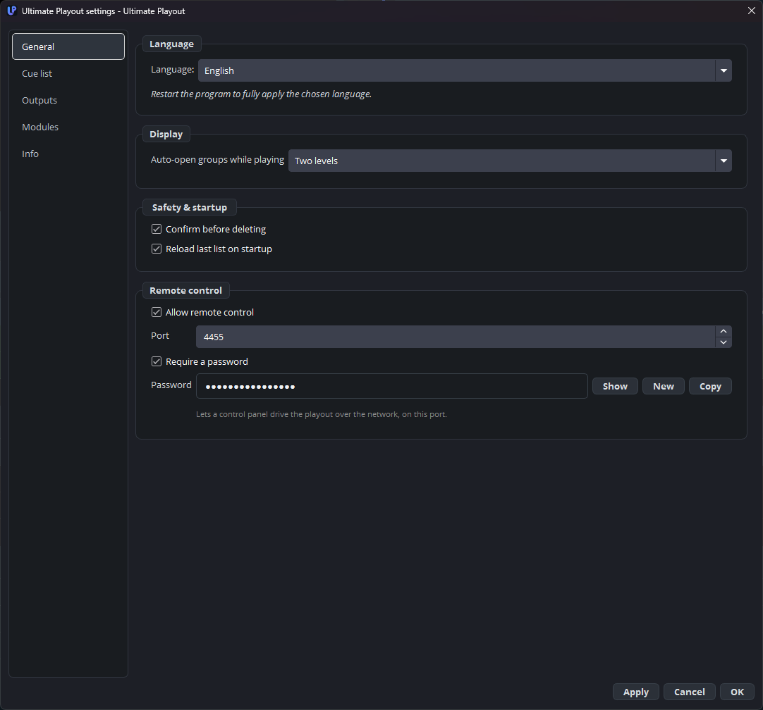 The General page of the settings window, with the language at the top