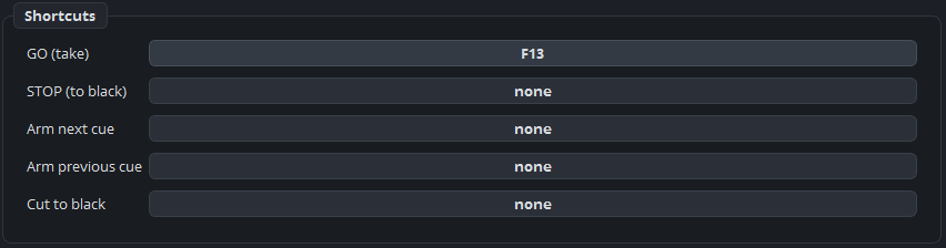 The Shortcuts group, at the bottom of a playout's settings
