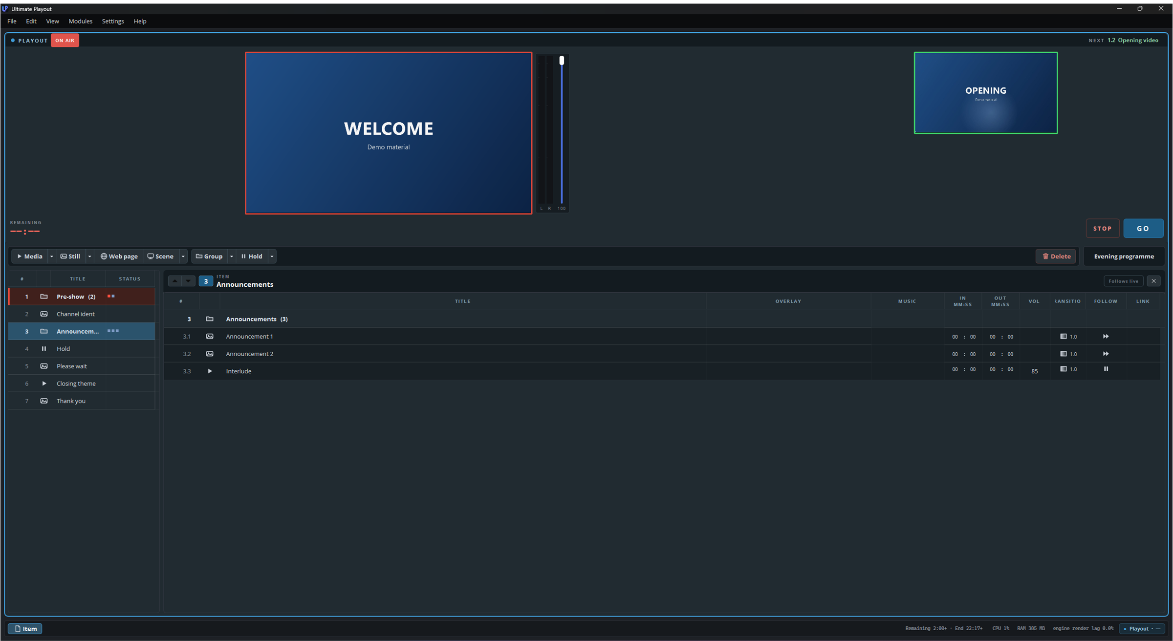 The item pane open on the Announcements group, beside the narrowed list