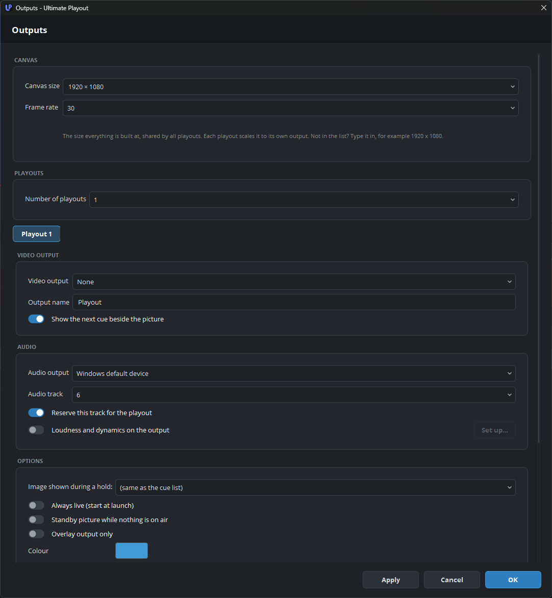 The top of the Outputs page: canvas, playouts, and the first playout