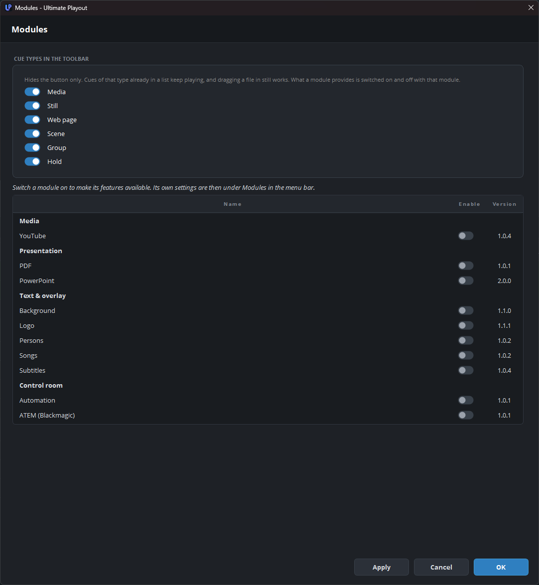 The Modules page, with no module switched on