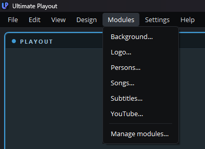 Six modules switched on, and the Text & overlay page they add under Modules