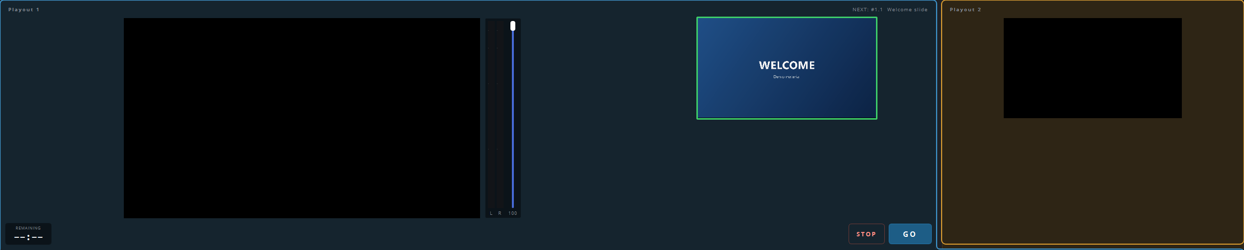 Playout 2 as an overlay output: half size, a border all round, no transport and no NEXT