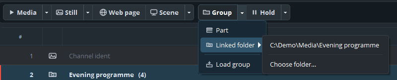 Linked folder in the Group menu, with a folder and Choose folder… under the arrow