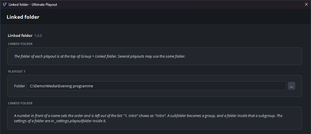 The settings of the module, with a folder for playout 1