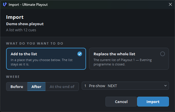 The Import window: a list added after the line that comes next