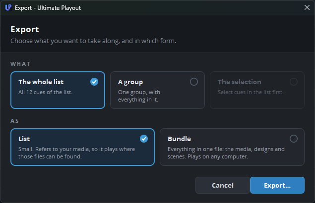 The Export window: the whole list, as a list